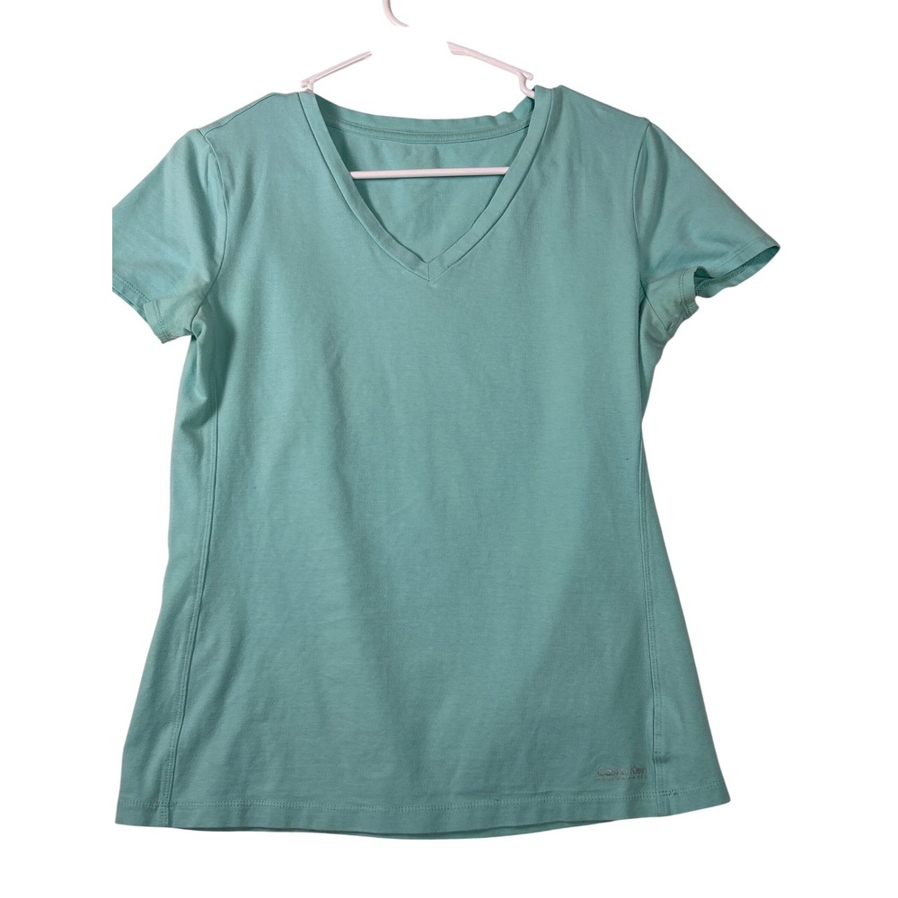 Calvin Klein Performance Womens V-Neck Short Sleeve T-Shirt Aqua Blue Stretch L